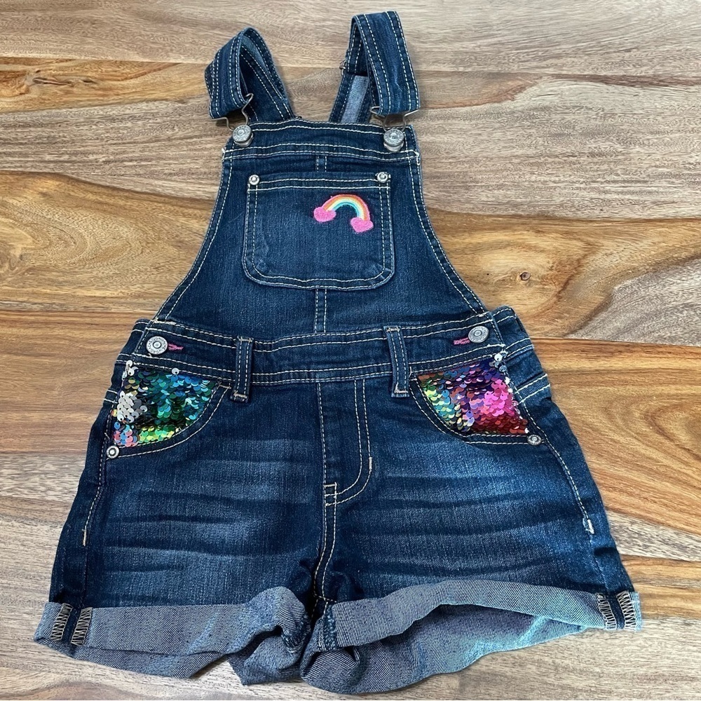 Jordache Rainbow Heart Sequin Adjustable Overall Shorts Child 6-6X‎ Whimsical
